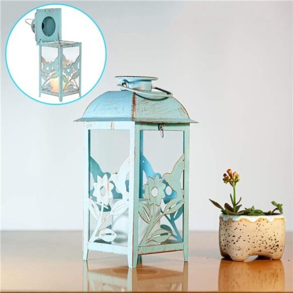 Solar Lantern Outdoor Hummingbird Blue Decor Antique Metal & Glass Construction - Picture 3 of 6